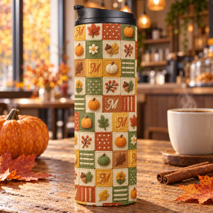 Rustic Autumn Patchwork Pumpkin Monogram Thermal Tumbler