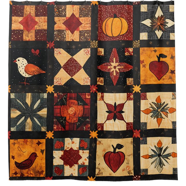 Rustic Autumn Patchwork Quilt Pattern | Farmhouse Shower Curtain (Front)