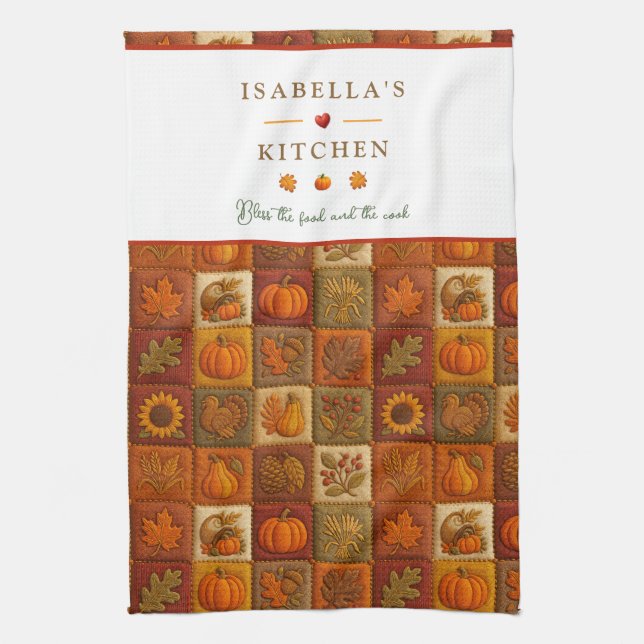 Rustic Autumn Patchwork with Blessing Quote Tea Towel (Vertical)