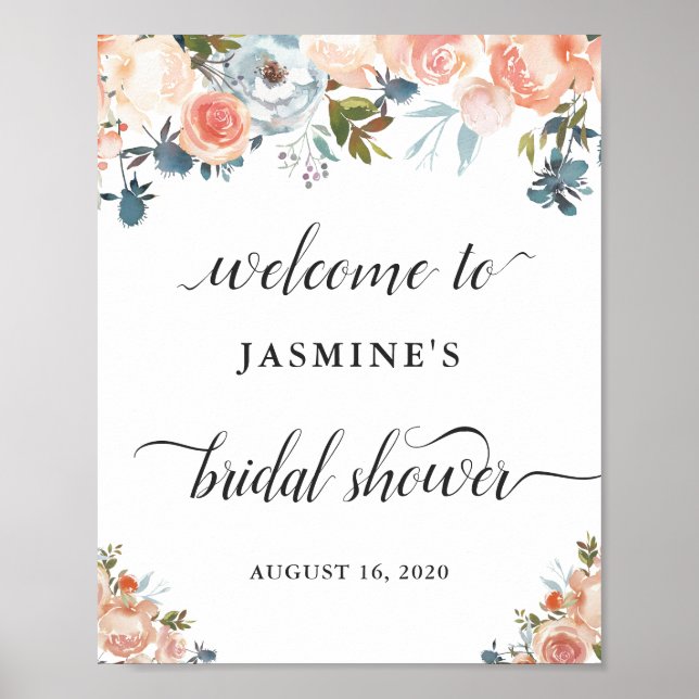 Rustic Autumn Peach Floral Bridal Shower Sign (Front)