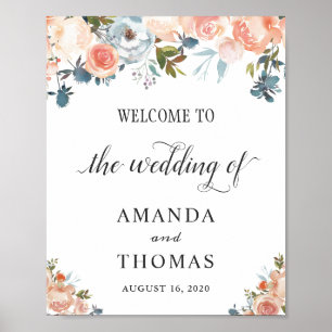 Rustic Autumn Peach Floral Wedding Welcome Sign