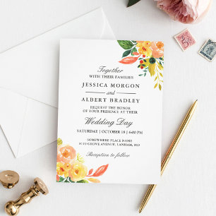 Rustic Autumn Peach Watercolor Floral Fall Wedding Invitation