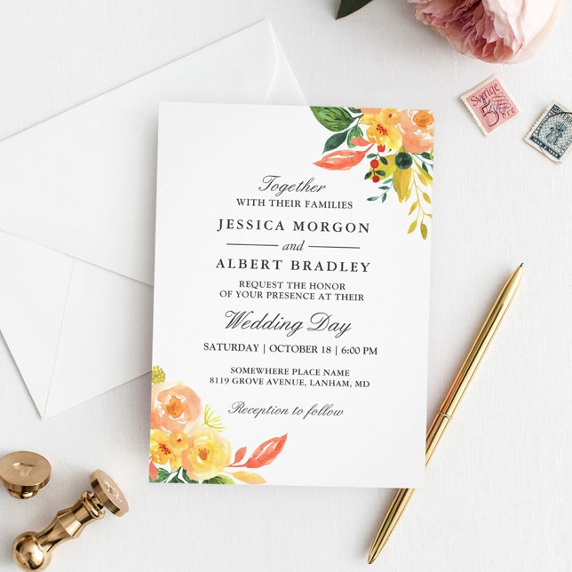 Rustic Autumn Peach Watercolor Floral Fall Wedding Invitation (Creator Uploaded)