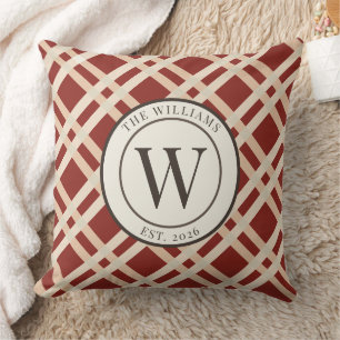 Rustic Autumn Plaid Monogram Family Crest Cushion