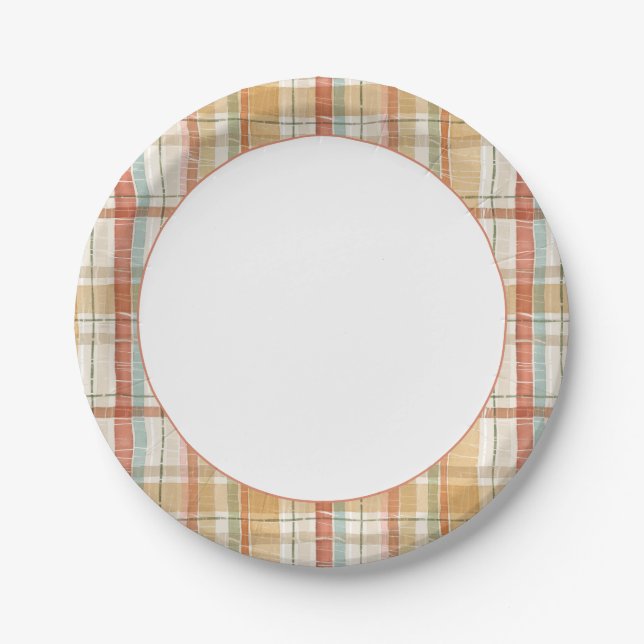 Rustic Autumn Plaid Watercolor Pattern Paper Plate (Front)