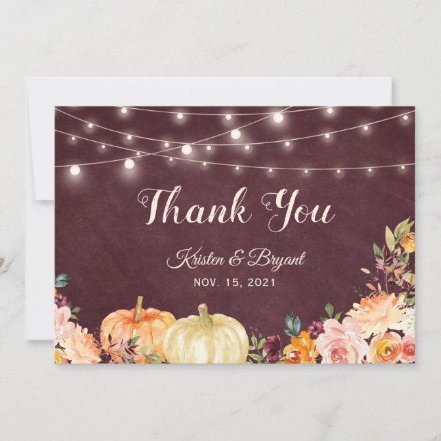 Rustic Autumn Pumpkin Burgundy Floral String Light Thank You Card (Front)