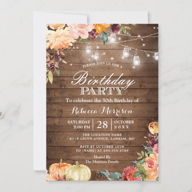 Rustic Autumn Pumpkin Floral Birthday Party Invitation (Front)