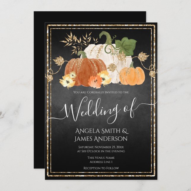 Rustic Autumn Pumpkin Glitter Wedding Invitation (Front/Back)
