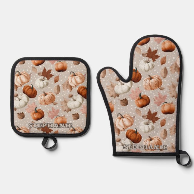 Rustic Autumn Pumpkins & Fall Leaves (2) Oven Mitt & Pot Holder Set (Front)