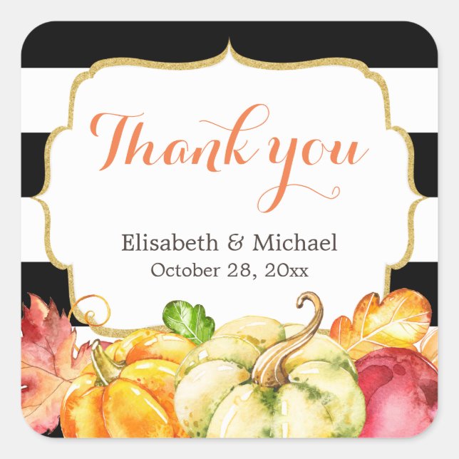 Rustic Autumn Pumpkins Fall Leaves Thank You Square Sticker (Front)