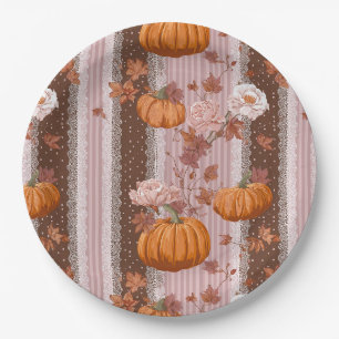 Rustic Autumn Pumpkins & Floral Lace Seamless Paper Plate