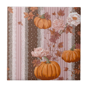 Rustic Autumn Pumpkins & Floral Lace Seamless Tile