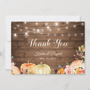 Rustic Autumn Pumpkins Floral String Lights Thank You Card