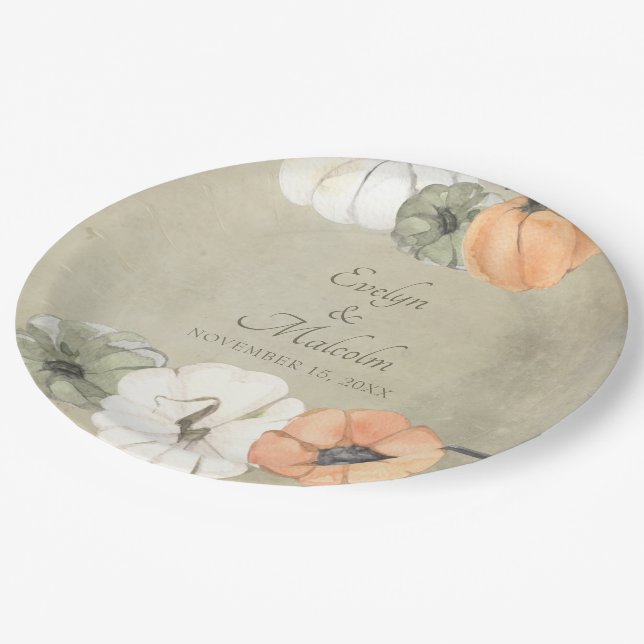 Rustic Autumn Pumpkins Personalised Wedding Paper Plate (Angled)