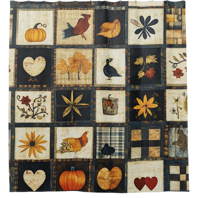 Rustic Autumn Quilt Pattern | Farmhouse Patchwork Shower Curtain (Front)