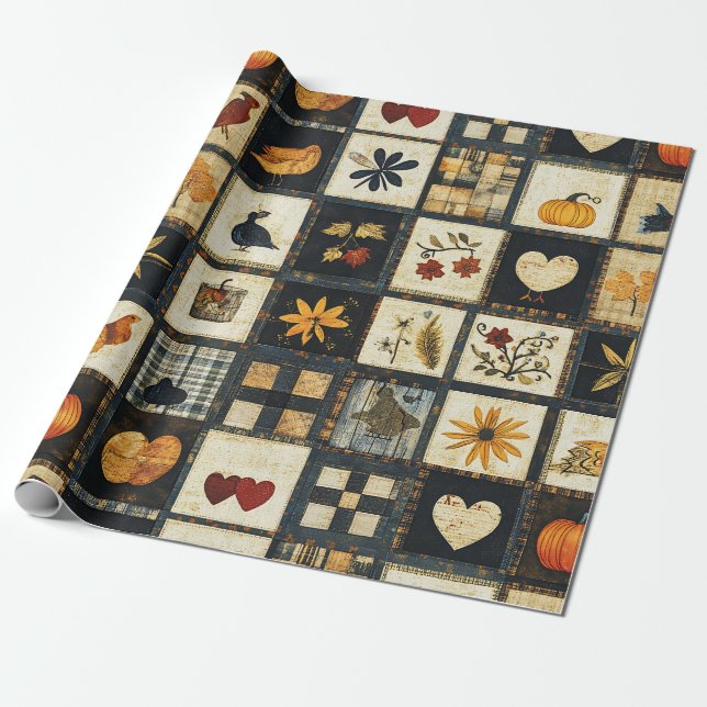 Rustic Autumn Quilt Pattern | Farmhouse Patchwork Wrapping Paper (Unrolled)