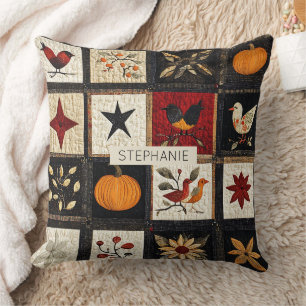 Rustic Autumn Quilt Pattern   Harvest Folk Motifs Cushion