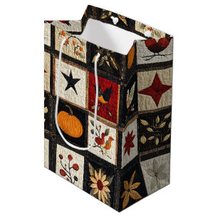 Rustic Autumn Quilt Pattern   Harvest Folk Motifs Medium Gift Bag