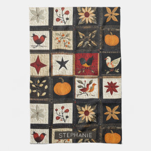 Rustic Autumn Quilt Pattern Harvest Folk Motifs Tea Towel