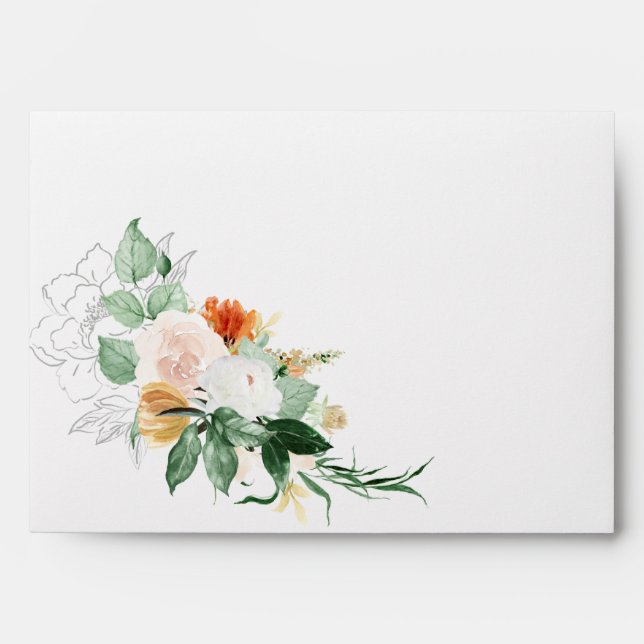 Rustic Autumn Rose Peony Floral Wedding Envelope (Front)