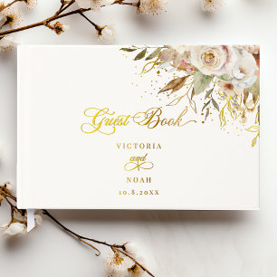 Rustic Autumn Roses Botanical Script Guest Book