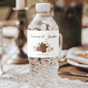 Rustic Autumn Roses Burnt Umber & Orange Wedding Water Bottle Label