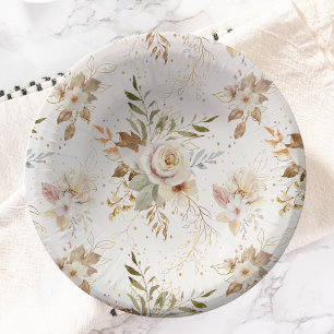 Rustic Autumn Roses Watercolor Botanical Paper Plate