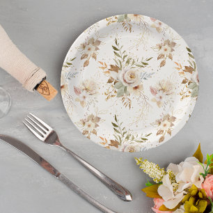 Rustic Autumn Roses Watercolor Botanical  Paper Plate