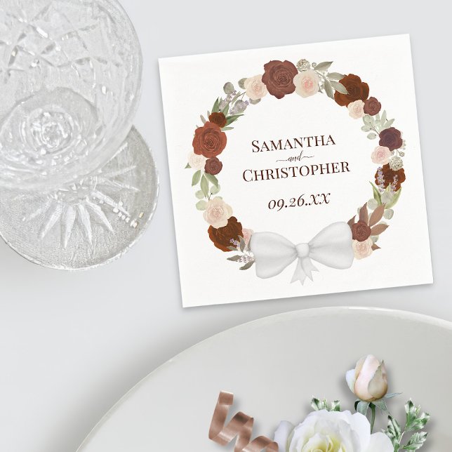 Rustic Autumn Roses Wreath Elegant Wedding Napkin (In Situ with Plate)