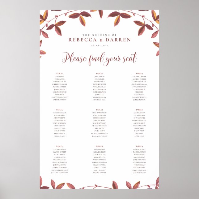 Rustic Autumn Seating Chart Fall Leaves (Front)