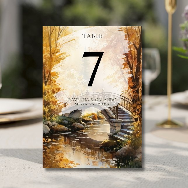 Rustic Autumn Stone Bridge River Fall Wedding Table Number (Creator Uploaded)