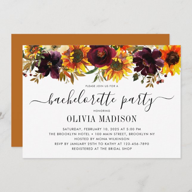 Rustic Autumn Sunflower Floral Bachelorette Party Invitation (Front/Back)