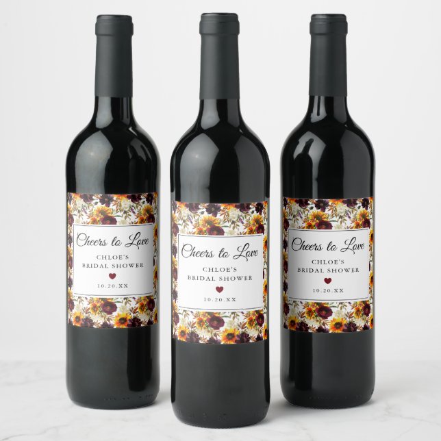 Rustic Autumn Sunflower Floral Bridal Shower Wine Label (Bottles)