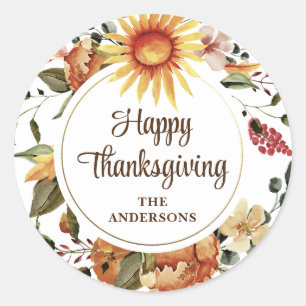 Rustic Autumn Sunflower Floral Thanksgiving Script Classic Round Sticker