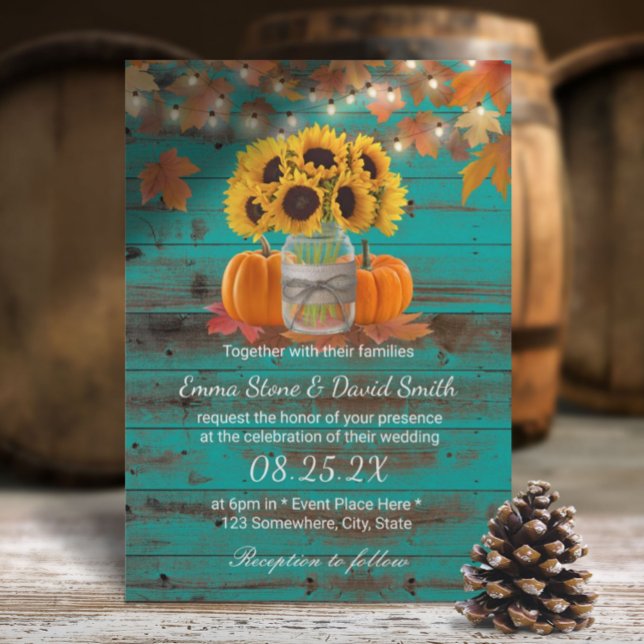 Rustic Autumn Sunflower Jar Pumpkins Teal Barn Invitation (Creator Uploaded)