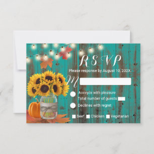 Rustic Autumn Sunflower Jar Teal Barn Wedding RSVP Card