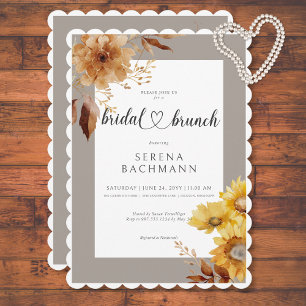 Rustic Autumn Sunflower Taupe White Bridal Brunch Invitation