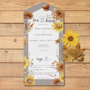Rustic Autumn Sunflower Taupe & White Details All In One Invitation