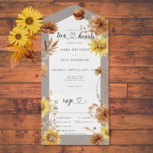Rustic Autumn Sunflower Taupe & White Dinner All In One Invitation