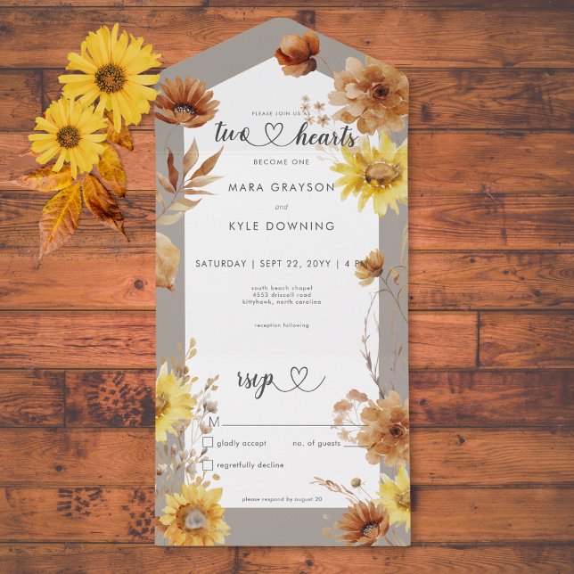Rustic Autumn Sunflower Taupe & White No Dinner All In One Invitation (Rustic Autumn Sunflower Taupe & White No Dinner All In One Invitation)