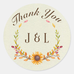 Rustic Autumn Sunflower Thank You  Classic Round Sticker