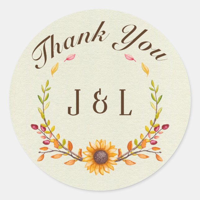 Rustic Autumn Sunflower Thank You  Classic Round Sticker (Front)