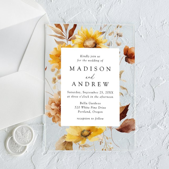 Rustic Autumn Sunflowers and Wildflowers Wedding Acrylic Invitations (Creator Uploaded)
