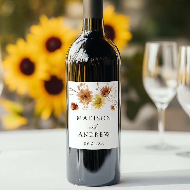 Rustic Autumn Sunflowers and Wildflowers Wedding Wine Label (Creator Uploaded)