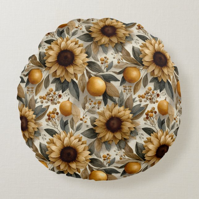 Rustic Autumn Sunflowers & Citrus Round Cushion (Front)