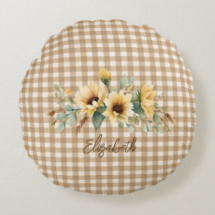 Rustic Autumn Sunflowers Gingham Personalised Round Cushion
