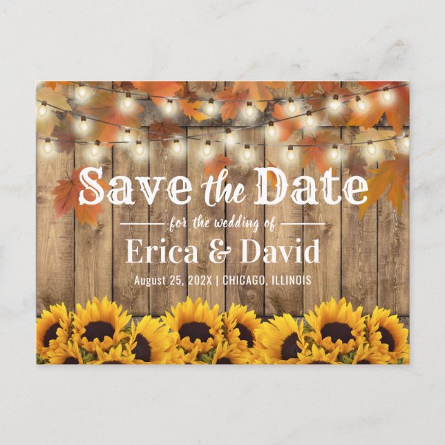 Rustic Autumn Sunflowers & Leaves Barn Wedding Announcement Postcard (Front)