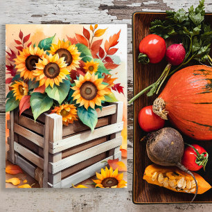Rustic Autumn Sunflowers Leaves in Wooden Crate  Poster