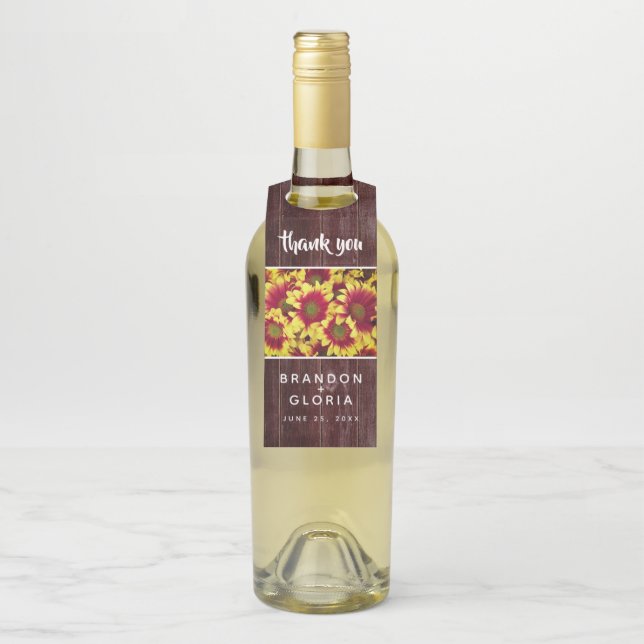 Rustic Autumn Sunflowers on Fence Wedding Bottle Tag (On Bottle)