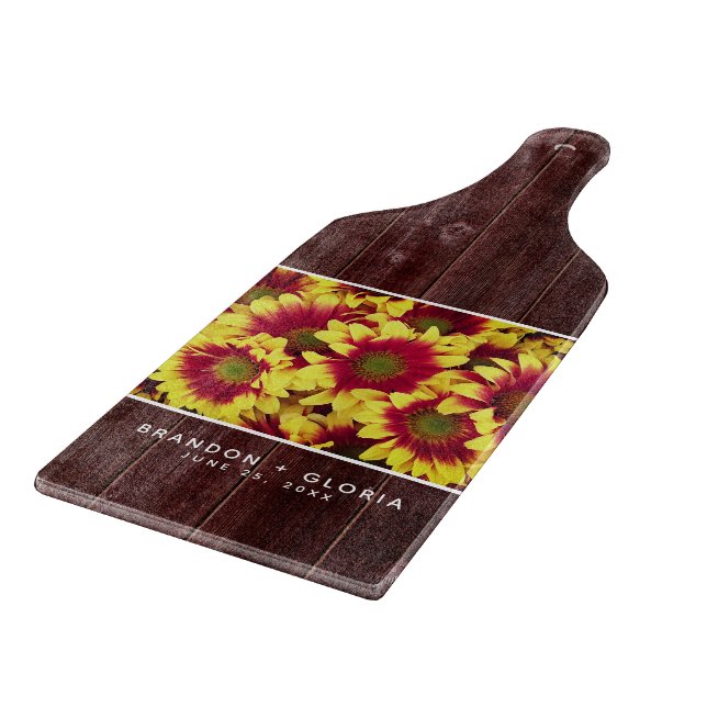 Rustic Autumn Sunflowers on Fence Wedding Cutting Board (Corner)